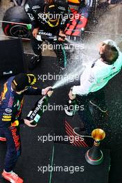 Race winner Lewis Hamilton (GBR) Mercedes AMG F1 and Max Verstappen (NLD) Red Bull Racing celebrate with Jim Ratcliffe (GBR) Chief Executive Officer of Ineos / Mercedes AMG F1 Shareholder on the podium. 09.05.2021. Formula 1 World Championship, Rd 4, Spanish Grand Prix, Barcelona, Spain, Race Day.