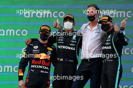 1st place Lewis Hamilton (GBR) Mercedes AMG F1 W12, with 2nd place Max Verstappen (NLD) Red Bull Racing RB16B, 3rd place Valtteri Bottas (FIN) Mercedes AMG F1 W12 and Sir Jim Ratcliffe Chief Executive Officer of Ineos. 09.05.2021. Formula 1 World Championship, Rd 4, Spanish Grand Prix, Barcelona, Spain, Race Day.