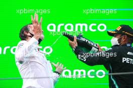 Race winner Lewis Hamilton (GBR) Mercedes AMG F1 celebrates on the podium with Jim Ratcliffe (GBR) Chief Executive Officer of Ineos / Mercedes AMG F1 Shareholder. 09.05.2021. Formula 1 World Championship, Rd 4, Spanish Grand Prix, Barcelona, Spain, Race Day.
