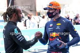 (L to R): Lewis Hamilton (GBR) Mercedes AMG F1 celebrates his 100th pole position in qualifying parc ferme with second placed Max Verstappen (NLD) Red Bull Racing. 08.05.2021. Formula 1 World Championship, Rd 4, Spanish Grand Prix, Barcelona, Spain, Qualifying Day.