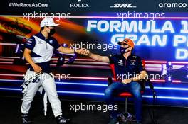 (L to R): Yuki Tsunoda (JPN) AlphaTauri with Max Verstappen (NLD) Red Bull Racing in the FIA Press Conference. 06.05.2021. Formula 1 World Championship, Rd 4, Spanish Grand Prix, Barcelona, Spain, Preparation Day.