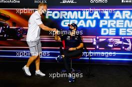(L to R): Nikita Mazepin (RUS) Haas F1 Team and Sergio Perez (MEX) Red Bull Racing in the FIA Press Conference. 06.05.2021. Formula 1 World Championship, Rd 4, Spanish Grand Prix, Barcelona, Spain, Preparation Day.