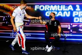 (L to R): Mick Schumacher (GER) Haas F1 Team with Valtteri Bottas (FIN) Mercedes AMG F1 in the FIA Press Conference. 06.05.2021. Formula 1 World Championship, Rd 4, Spanish Grand Prix, Barcelona, Spain, Preparation Day.