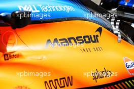 Lando Norris (GBR) McLaren MCL35M carrying a tribute to Mansour Ojjeh. 18.06.2021. Formula 1 World Championship, Rd 7, French Grand Prix, Paul Ricard, France, Practice Day.