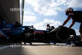 Alpine F1 Team A521 pushed back into the pit garage. 16.07.2021. Formula 1 World Championship, Rd 10, British Grand Prix, Silverstone, England, Practice Day.