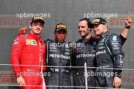 The podium (L to R): Charles Leclerc (MON) Ferrari, second; Lewis Hamilton (GBR) Mercedes AMG F1, race winner; Valtteri Bottas (FIN) Mercedes AMG F1, third. 18.07.2021. Formula 1 World Championship, Rd 10, British Grand Prix, Silverstone, England, Race Day.
