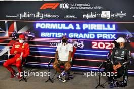 The post race FIA Press Conference (L to R): Charles Leclerc (MON) Ferrari, second; Lewis Hamilton (GBR) Mercedes AMG F1, race winner; Valtteri Bottas (FIN) Mercedes AMG F1, third. 18.07.2021. Formula 1 World Championship, Rd 10, British Grand Prix, Silverstone, England, Race Day.
