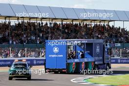 Lewis Hamilton (GBR) Mercedes AMG F1; Max Verstappen (NLD) Red Bull Racing; and Valtteri Bottas (FIN) Mercedes AMG F1, on the Victory Lap truck. 17.07.2021. Formula 1 World Championship, Rd 10, British Grand Prix, Silverstone, England, Qualifying Day.