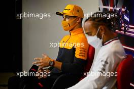 Lando Norris (GBR) McLaren and Lewis Hamilton (GBR) Mercedes AMG F1 in the FIA Press Conference. 15.07.2021. Formula 1 World Championship, Rd 10, British Grand Prix, Silverstone, England, Preparation Day.
