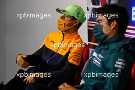 (L to R): Daniel Ricciardo (AUS) McLaren and Lance Stroll (CDN) Aston Martin F1 Team in the FIA Press Conference. 15.07.2021. Formula 1 World Championship, Rd 10, British Grand Prix, Silverstone, England, Preparation Day.