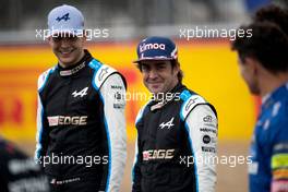 (L to R): Esteban Ocon (FRA) Alpine F1 Team and Fernando Alonso (ESP) Alpine F1 Team - 2022 Car Launch. 15.07.2021. Formula 1 World Championship, Rd 10, British Grand Prix, Silverstone, England, Preparation Day.