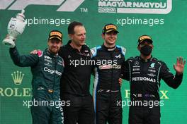 2nd Sebastian Vettel (GER) Aston Martin F1 Team AMR21 with Laurent Rossi (FRA) Alpine Chief Executive Officer, 1st place Esteban Ocon (FRA) Alpine F1 Team A521. and 3rd place Lewis Hamilton (GBR) Mercedes AMG F1 W12. 01.08.2021. Formula 1 World Championship, Rd 11, Hungarian Grand Prix, Budapest, Hungary, Race Day.