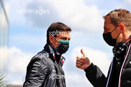 (L to R): Toto Wolff (GER) Mercedes AMG F1 Shareholder and Executive Director with Laurent Rossi (FRA) Alpine Chief Executive Officer. 16.04.2021. Formula 1 World Championship, Rd 2, Emilia Romagna Grand Prix, Imola, Italy, Practice Day.