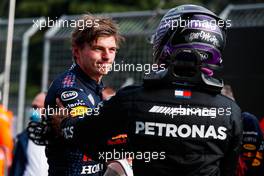 (L to R): Race winner Max Verstappen (NLD) Red Bull Racing celebrates in parc ferme with second placed Lewis Hamilton (GBR) Mercedes AMG F1. 18.04.2021. Formula 1 World Championship, Rd 2, Emilia Romagna Grand Prix, Imola, Italy, Race Day.