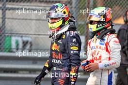 (L to R): Sergio Perez (MEX) Red Bull Racing and Mick Schumacher (GER) Haas F1 Team in parc ferme. 18.04.2021. Formula 1 World Championship, Rd 2, Emilia Romagna Grand Prix, Imola, Italy, Race Day.