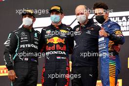The podium (L to R): Lewis Hamilton (GBR) Mercedes AMG F1, second; Max Verstappen (NLD) Red Bull Racing, race winner; Karl Sengstbratl, Red Bull Racing Finance & Operations Director;  Lando Norris (GBR) McLaren, third 18.04.2021. Formula 1 World Championship, Rd 2, Emilia Romagna Grand Prix, Imola, Italy, Race Day.