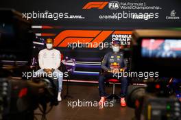 (L to R): Lewis Hamilton (GBR) Mercedes AMG F1 and Max Verstappen (NLD) Red Bull Racing in the post race FIA Press Conference. 18.04.2021. Formula 1 World Championship, Rd 2, Emilia Romagna Grand Prix, Imola, Italy, Race Day.