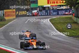 Daniel Ricciardo (AUS) McLaren MCL35M leads team mate Lando Norris (GBR) McLaren MCL35M. 18.04.2021. Formula 1 World Championship, Rd 2, Emilia Romagna Grand Prix, Imola, Italy, Race Day.