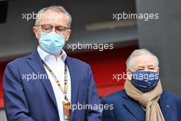 (L to R): Stefano Domenicali (ITA) Formula One President and CEO and Jean Todt (FRA) FIA President - F1 pays tribute to two time 125cc World Champion and Moto GP Team Manager Fausto Gresini (ITA). 18.04.2021. Formula 1 World Championship, Rd 2, Emilia Romagna Grand Prix, Imola, Italy, Race Day.