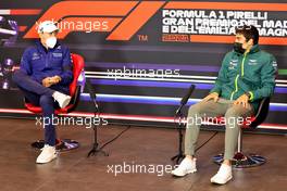 (L to R): George Russell (GBR) Williams Racing and Lance Stroll (CDN) Aston Martin F1 Team in the FIA Press Conference. 15.04.2021. Formula 1 World Championship, Rd 2, Emilia Romagna Grand Prix, Imola, Italy, Preparation Day.