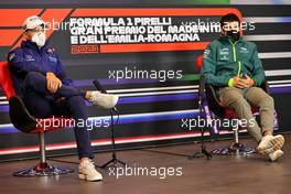 (L to R): George Russell (GBR) Williams Racing and Lance Stroll (CDN) Aston Martin F1 Team in the FIA Press Conference. 15.04.2021. Formula 1 World Championship, Rd 2, Emilia Romagna Grand Prix, Imola, Italy, Preparation Day.