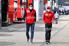(L to R): Mattia Binotto (ITA) Ferrari Team Principal with Charles Leclerc (MON) Ferrari. 15.04.2021. Formula 1 World Championship, Rd 2, Emilia Romagna Grand Prix, Imola, Italy, Preparation Day.