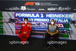 (L to R): Mattia Binotto (ITA) Ferrari Team Principal and Mario Isola (ITA) Pirelli Racing Manager in the FIA Press Conference. 10.09.2021. Formula 1 World Championship, Rd 14, Italian Grand Prix, Monza, Italy, Qualifying Day.