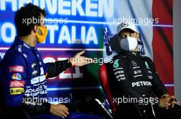 (L to R): Daniel Ricciardo (AUS) McLaren and Valtteri Bottas (FIN) Mercedes AMG F1 in the post race FIA Press Conference. 12.09.2021. Formula 1 World Championship, Rd 14, Italian Grand Prix, Monza, Italy, Race Day.