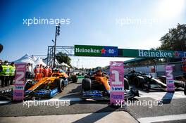 Top three in parc ferme (L to R): Lando Norris (GBR) McLaren MCL35M, second; Daniel Ricciardo (AUS) McLaren MCL35M, race winner; Valtteri Bottas (FIN) Mercedes AMG F1 W12, third. 12.09.2021. Formula 1 World Championship, Rd 14, Italian Grand Prix, Monza, Italy, Race Day.