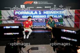 (L to R): Charles Leclerc (MON) Ferrari and Sebastian Vettel (GER) Aston Martin F1 Team in the FIA Press Conference. 09.09.2021. Formula 1 World Championship, Rd 14, Italian Grand Prix, Monza, Italy, Preparation Day.