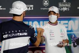 (L to R): Pierre Gasly (FRA) AlphaTauri and Lewis Hamilton (GBR) Mercedes AMG F1 in the FIA Press Conference. 09.09.2021. Formula 1 World Championship, Rd 14, Italian Grand Prix, Monza, Italy, Preparation Day.