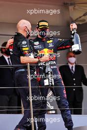 (L to R): Adrian Newey (GBR) Red Bull Racing Chief Technical Officer celebrates on the podium with race winner Max Verstappen (NLD) Red Bull Racing. 23.05.2021. Formula 1 World Championship, Rd 5, Monaco Grand Prix, Monte Carlo, Monaco, Race Day.