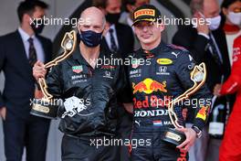 (L to R): Adrian Newey (GBR) Red Bull Racing Chief Technical Officer celebrates on the podium with race winner Max Verstappen (NLD) Red Bull Racing. 23.05.2021. Formula 1 World Championship, Rd 5, Monaco Grand Prix, Monte Carlo, Monaco, Race Day.