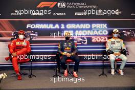 (L to R): Carlos Sainz Jr (ESP) Ferrari; Max Verstappen (NLD) Red Bull Racing; and Lando Norris (GBR) McLaren, in the post race FIA Press Conference. 23.05.2021. Formula 1 World Championship, Rd 5, Monaco Grand Prix, Monte Carlo, Monaco, Race Day.