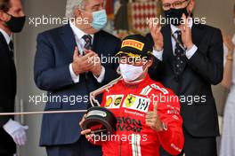 Carlos Sainz Jr (ESP) Ferrari celebrates his second position on the podium. 23.05.2021. Formula 1 World Championship, Rd 5, Monaco Grand Prix, Monte Carlo, Monaco, Race Day.