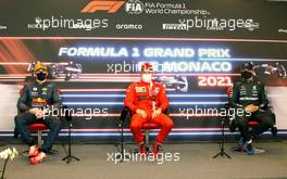 (L to R): Max Verstappen (NLD) Red Bull Racing; Charles Leclerc (MON) Ferrari; and Valtteri Bottas (FIN) Mercedes AMG F1, in the post qualifying FIA Press Conference. 22.05.2021. Formula 1 World Championship, Rd 5, Monaco Grand Prix, Monte Carlo, Monaco, Qualifying Day.