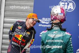 Max Verstappen (NLD) Red Bull Racing in qualifying parc ferme with Sebastian Vettel (GER) Aston Martin F1 Team. 22.05.2021. Formula 1 World Championship, Rd 5, Monaco Grand Prix, Monte Carlo, Monaco, Qualifying Day.