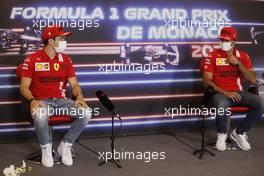 (L to R): Charles Leclerc (MON) Ferrari and team mate Carlos Sainz Jr (ESP) Ferrari in the FIA Press Conference. 19.05.2021. Formula 1 World Championship, Rd 5, Monaco Grand Prix, Monte Carlo, Monaco, Preparation Day.