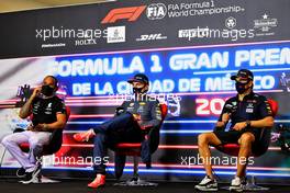 (L to R): Lewis Hamilton (GBR) Mercedes AMG F1; Max Verstappen (NLD) Red Bull Racing; and Sergio Perez (MEX) Red Bull Racing, in the post race FIA Press Conference. 07.11.2021. Formula 1 World Championship, Rd 18, Mexican Grand Prix, Mexico City, Mexico, Race Day.