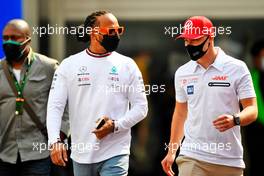 (L to R): Lewis Hamilton (GBR) Mercedes AMG F1 with Nikita Mazepin (RUS) Haas F1 Team. 04.11.2021. Formula 1 World Championship, Rd 18, Mexican Grand Prix, Mexico City, Mexico, Preparation Day.