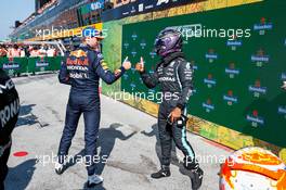 (L to R): Pole sitter Max Verstappen (NLD) Red Bull Racing with second placed Lewis Hamilton (GBR) Mercedes AMG F1 in qualifying parc ferme. 04.09.2021. Formula 1 World Championship, Rd 13, Dutch Grand Prix, Zandvoort, Netherlands, Qualifying Day.
