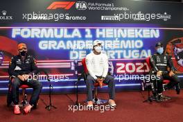 (L to R): Max Verstappen (NLD) Red Bull Racing; Lewis Hamilton (GBR) Mercedes AMG F1; and Valtteri Bottas (FIN) Mercedes AMG F1, in the post race FIA Press Conference. 02.05.2021. Formula 1 World Championship, Rd 3, Portuguese Grand Prix, Portimao, Portugal, Race Day.