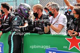 Race winner Lewis Hamilton (GBR) Mercedes AMG F1 celebrates with the team in parc ferme. 02.05.2021. Formula 1 World Championship, Rd 3, Portuguese Grand Prix, Portimao, Portugal, Race Day.