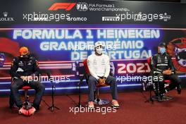 (L to R): Max Verstappen (NLD) Red Bull Racing; Lewis Hamilton (GBR) Mercedes AMG F1; and Valtteri Bottas (FIN) Mercedes AMG F1, in the post race FIA Press Conference. 02.05.2021. Formula 1 World Championship, Rd 3, Portuguese Grand Prix, Portimao, Portugal, Race Day.