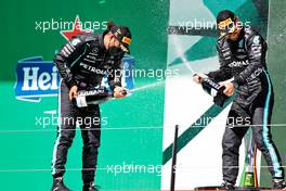 (L to R): race winner Lewis Hamilton (GBR) Mercedes AMG F1 celebrates on the podium with third placed team mate Valtteri Bottas (FIN) Mercedes AMG F1. 02.05.2021. Formula 1 World Championship, Rd 3, Portuguese Grand Prix, Portimao, Portugal, Race Day.