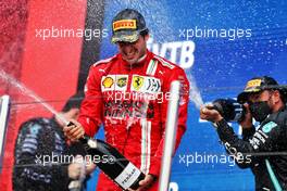 Carlos Sainz Jr (ESP) Ferrari celebrates his third position on the podium. 26.09.2021. Formula 1 World Championship, Rd 15, Russian Grand Prix, Sochi Autodrom, Sochi, Russia, Race Day.