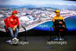 (L to R): Charles Leclerc (MON) Ferrari and Lando Norris (GBR) McLaren in the FIA Press Conference. 23.09.2021. Formula 1 World Championship, Rd 15, Russian Grand Prix, Sochi Autodrom, Sochi, Russia, Preparation Day.