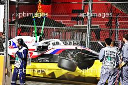 The damaged Haas VF-21 of Nikita Mazepin (RUS) Haas F1 Team who crashed out of the race. 05.12.2021. Formula 1 World Championship, Rd 21, Saudi Arabian Grand Prix, Jeddah, Saudi Arabia, Race Day.
