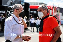 (L to R): Stefano Domenicali (ITA) Formula One President and CEO with Gerhard Berger (AUT). 26.06.2021. Formula 1 World Championship, Rd 8, Steiermark Grand Prix, Spielberg, Austria, Qualifying Day.