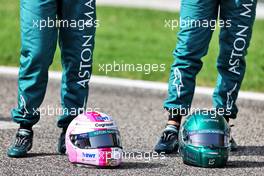 (L to R): the helmets of Sebastian Vettel (GER) Aston Martin F1 Team and Lance Stroll (CDN) Aston Martin F1 Team.  12.03.2021. Formula 1 Testing, Sakhir, Bahrain, Day One.